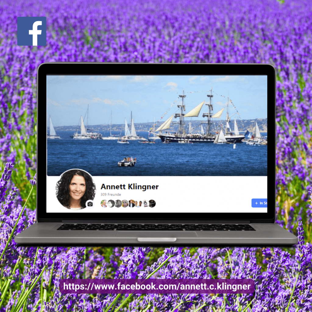 blühendes lilafarbenes Lavendelfeld. Davor Laptop mit der Facebook-Seite von Annett Kingner. Dazu Link: https://www.facebook.com/annett.c.klingner